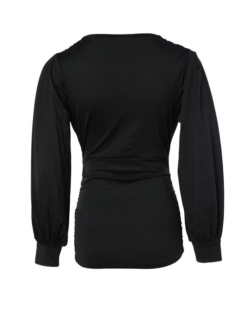 Blusa de escote en V profundo con mangas farol fruncidas, de estilo casual y ajuste entallado