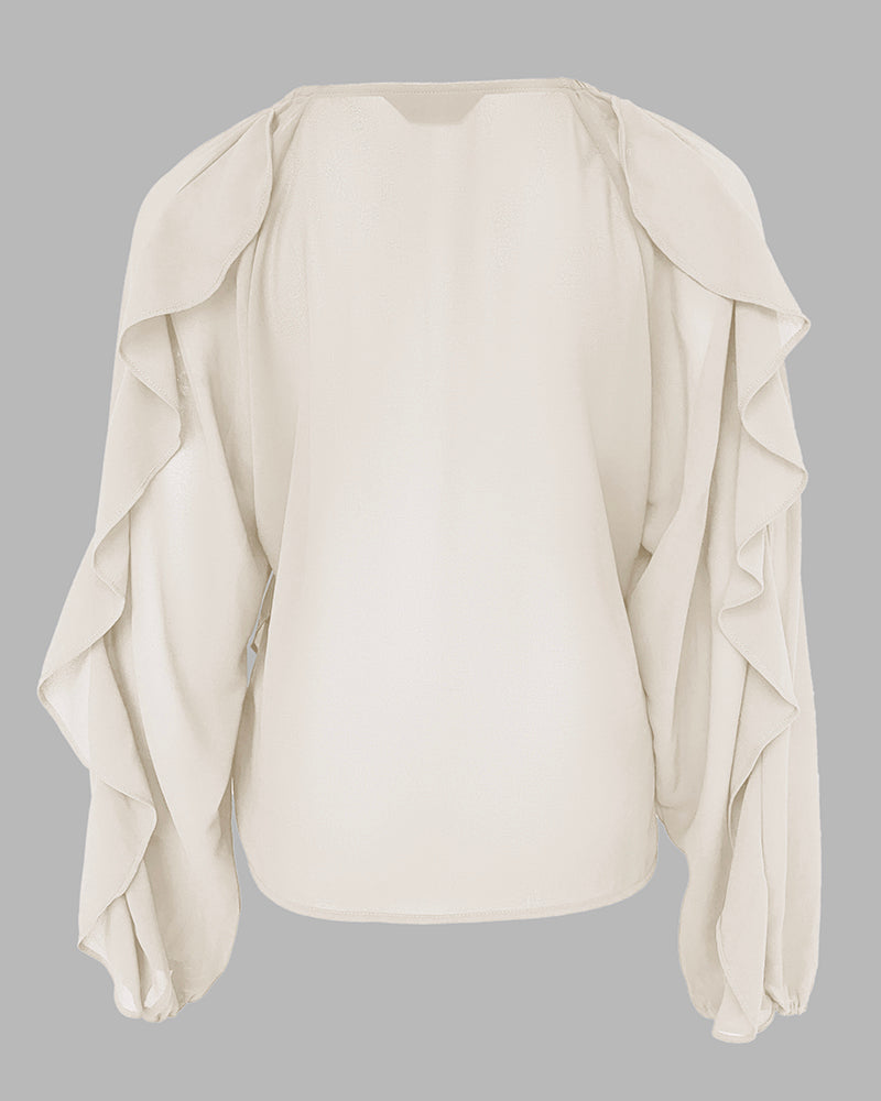 Blusa con escote en V y volantes en los hombros, diseño casual, con botones frontales, manga larga