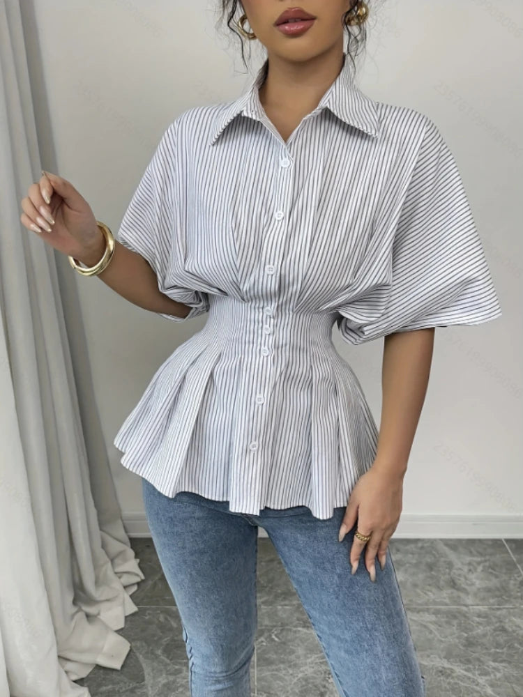 French Vintage Elegant Striped Waist Slim Blouse Women Cute Short Sleeve Shirt Collar Single Breasted Peplum Hem Retro Chic Tops