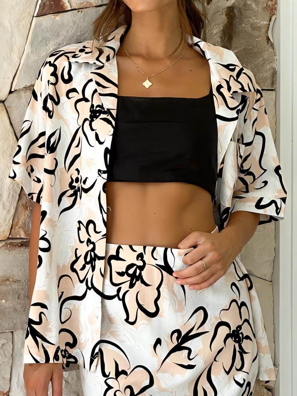Conjunto coordinado de estampado floral botánico - Estilo diario sin esfuerzo