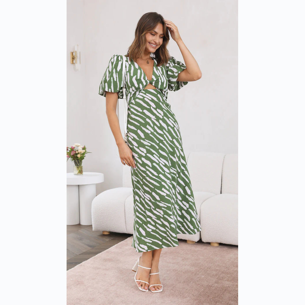 Vestido midi estampado chic con escote en V y silueta en forma de A para un look fresco