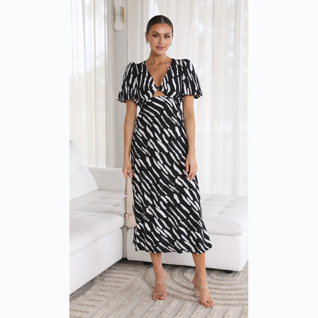 Vestido midi estampado chic con escote en V y silueta en forma de A para un look fresco