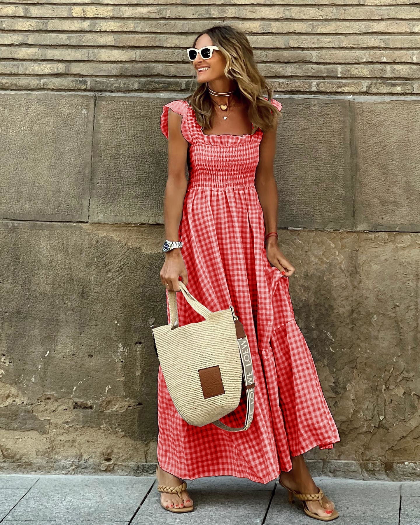 Vestido maxi de cuadros chic con mangas volantes y corpiño fruncido