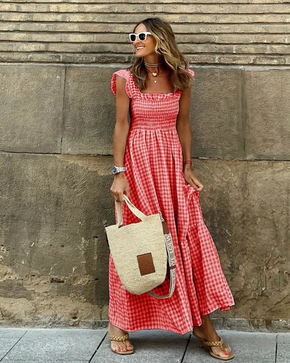 Vestido maxi de cuadros chic con mangas volantes y corpiño fruncido