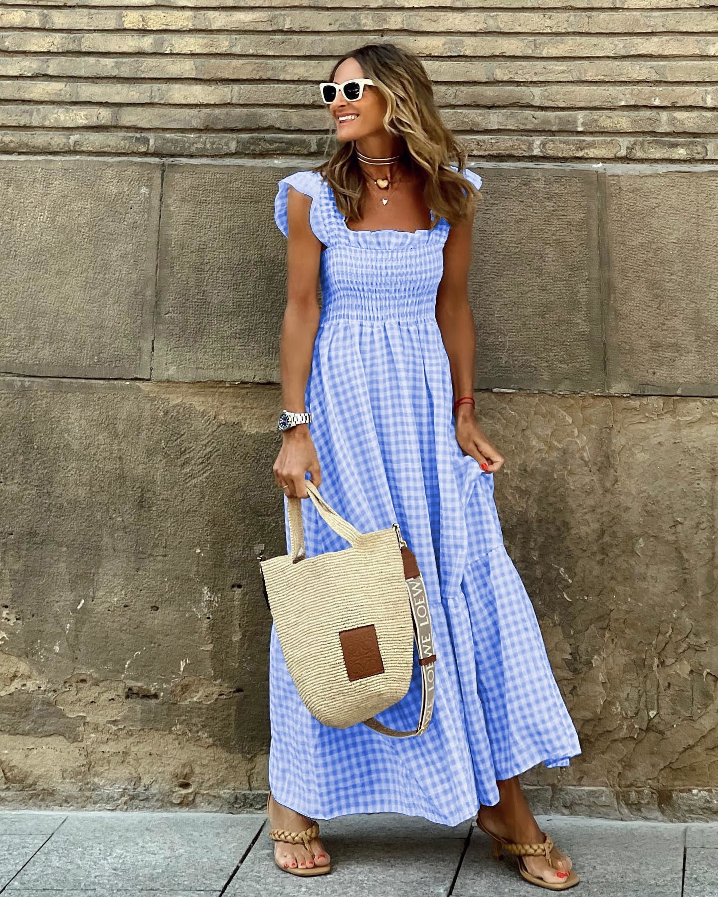 Vestido maxi de cuadros chic con mangas volantes y corpiño fruncido