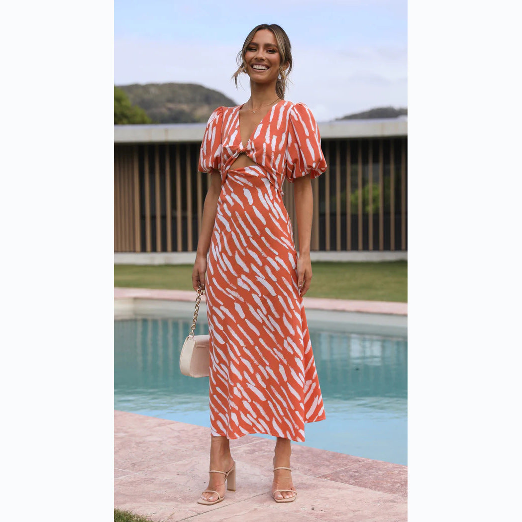 Vestido midi estampado chic con escote en V y silueta en forma de A para un look fresco