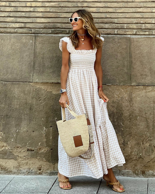 Vestido maxi de cuadros chic con mangas volantes y corpiño fruncido