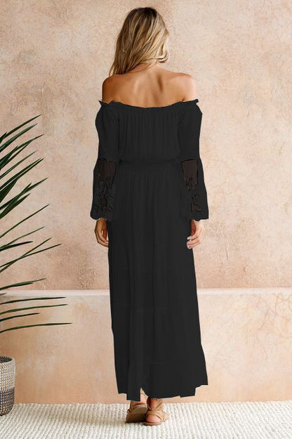 Vestido maxi bordado de hombro descubierto con encaje y mangas acampanadas