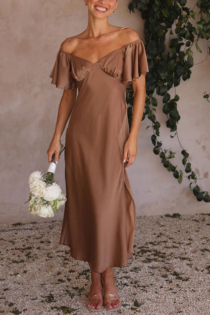 Vestido midi elegante sin hombros con manga volante y abertura lateral