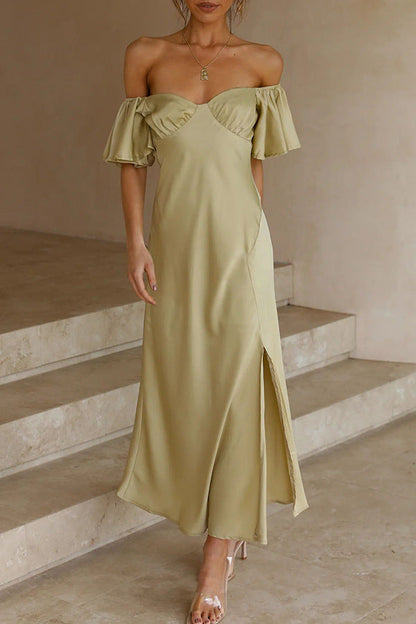 Vestido midi elegante sin hombros con manga volante y abertura lateral