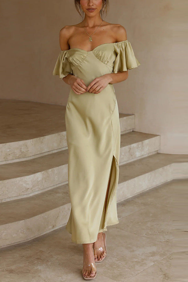Vestido midi elegante sin hombros con manga volante y abertura lateral