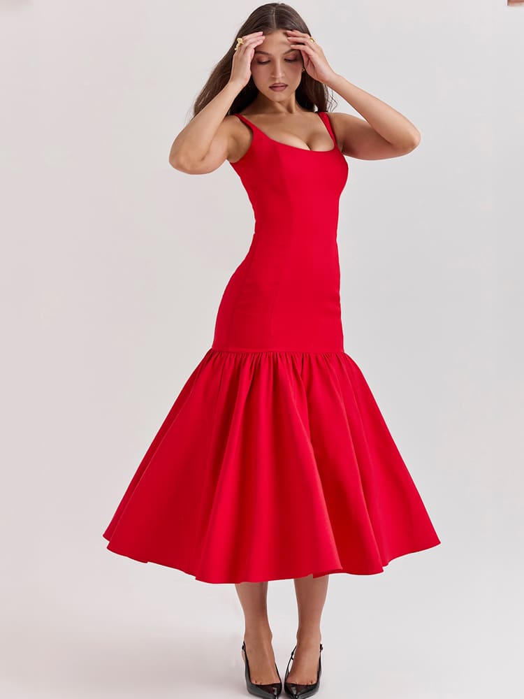 Vestido midi ceñido de cintura baja en rojo escarlata, sensual