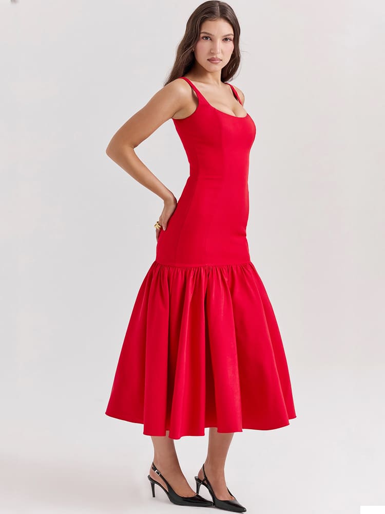 Vestido midi ceñido de cintura baja en rojo escarlata, sensual