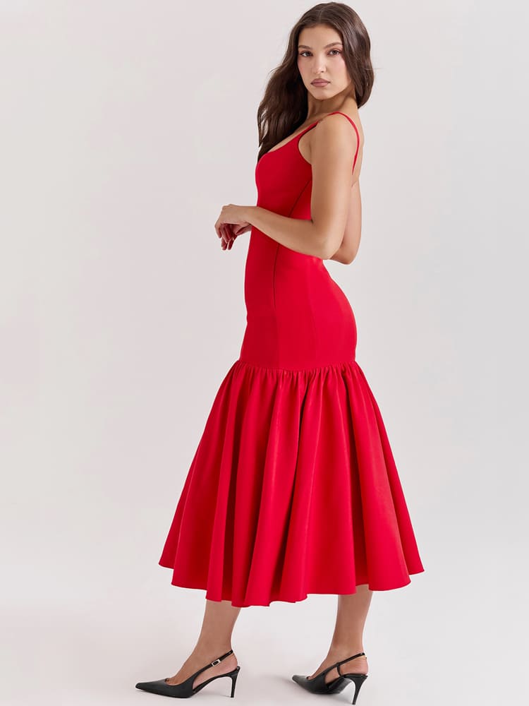 Vestido midi ceñido de cintura baja en rojo escarlata, sensual
