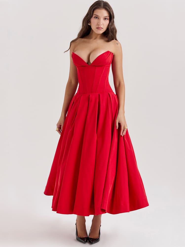 Vestido midi ceñido de cintura baja en rojo escarlata, sensual