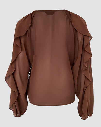Blusa con escote en V y volantes en los hombros, diseño casual, con botones frontales, manga larga