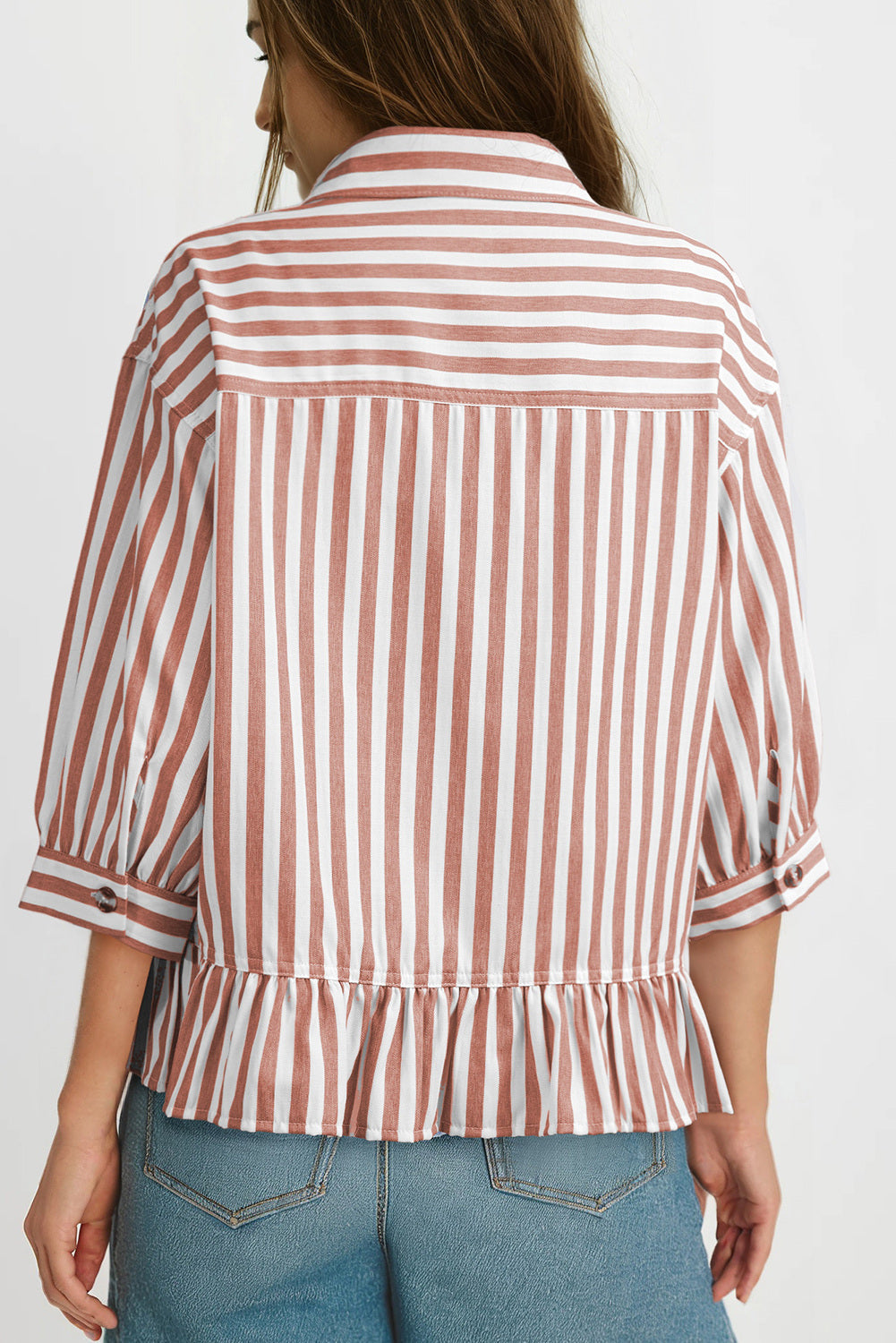 Camisas cortas para mujer rayadas, abotonadas, con volantes, manga 3/4, tops de verano, blusas elegantes y casuales