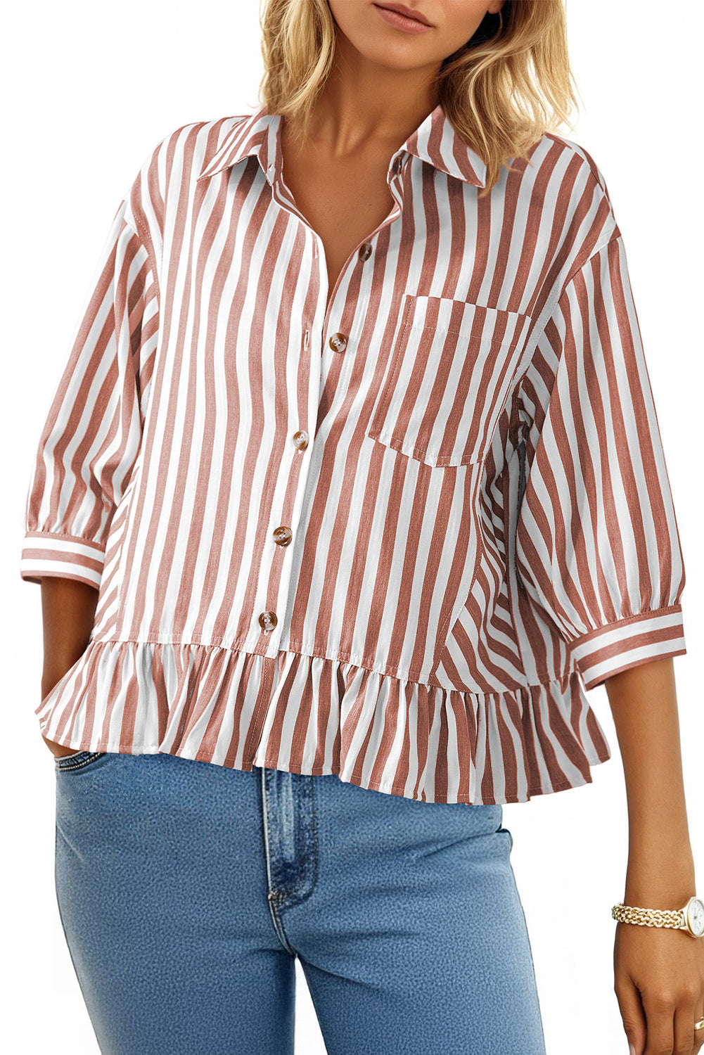 Camisas cortas para mujer rayadas, abotonadas, con volantes, manga 3/4, tops de verano, blusas elegantes y casuales