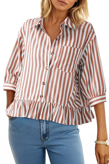 Camisas cortas para mujer rayadas, abotonadas, con volantes, manga 3/4, tops de verano, blusas elegantes y casuales