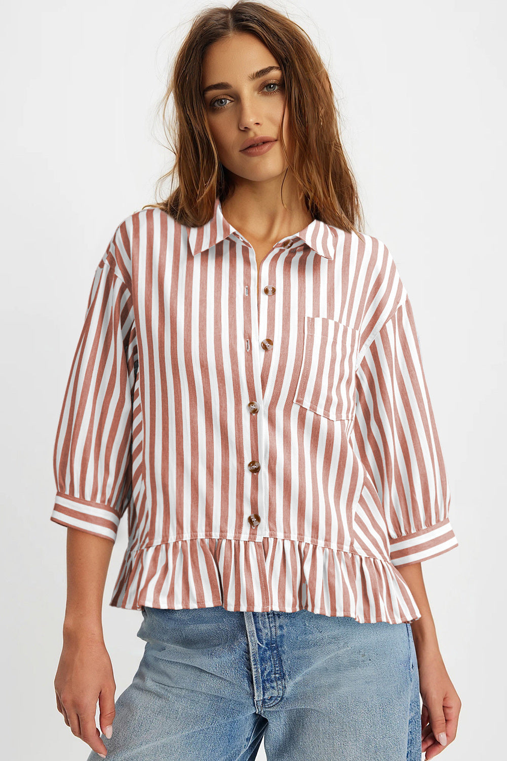 Camisas cortas para mujer rayadas, abotonadas, con volantes, manga 3/4, tops de verano, blusas elegantes y casuales