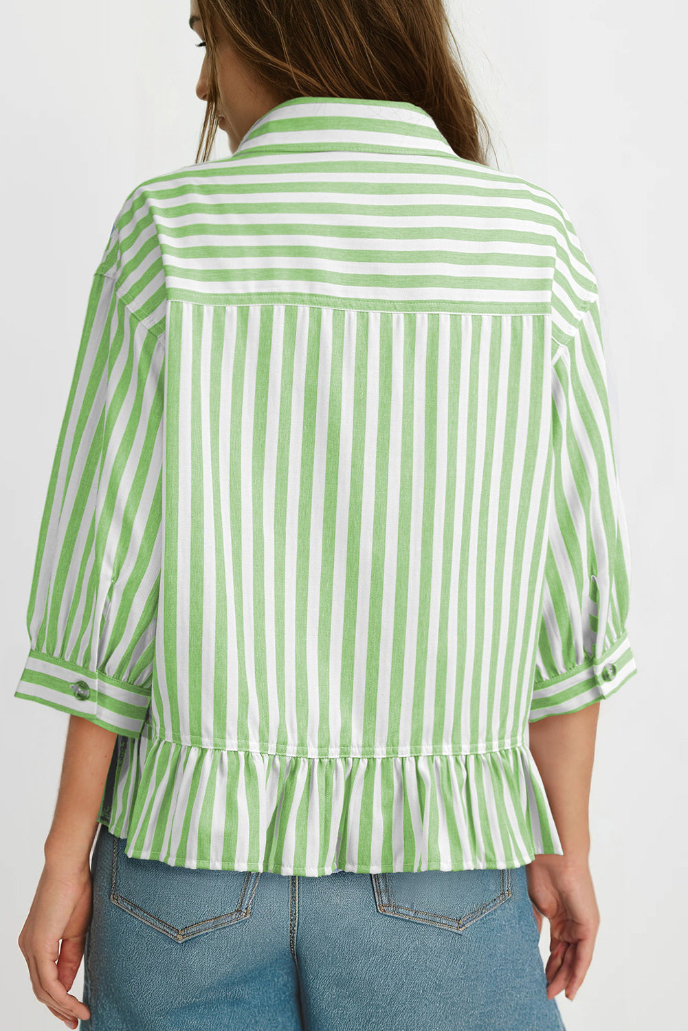Camisas cortas para mujer rayadas, abotonadas, con volantes, manga 3/4, tops de verano, blusas elegantes y casuales