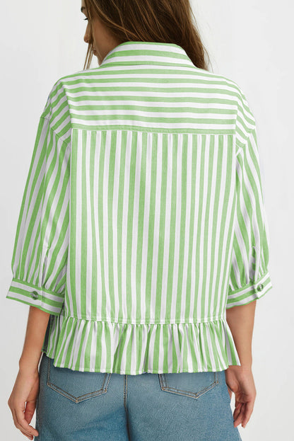 Camisas cortas para mujer rayadas, abotonadas, con volantes, manga 3/4, tops de verano, blusas elegantes y casuales