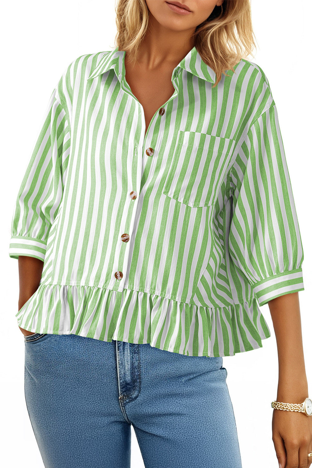 Camisas cortas para mujer rayadas, abotonadas, con volantes, manga 3/4, tops de verano, blusas elegantes y casuales