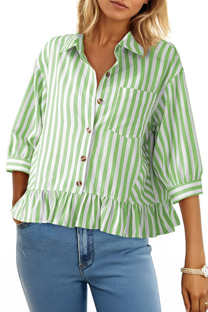 Camisas cortas para mujer rayadas, abotonadas, con volantes, manga 3/4, tops de verano, blusas elegantes y casuales