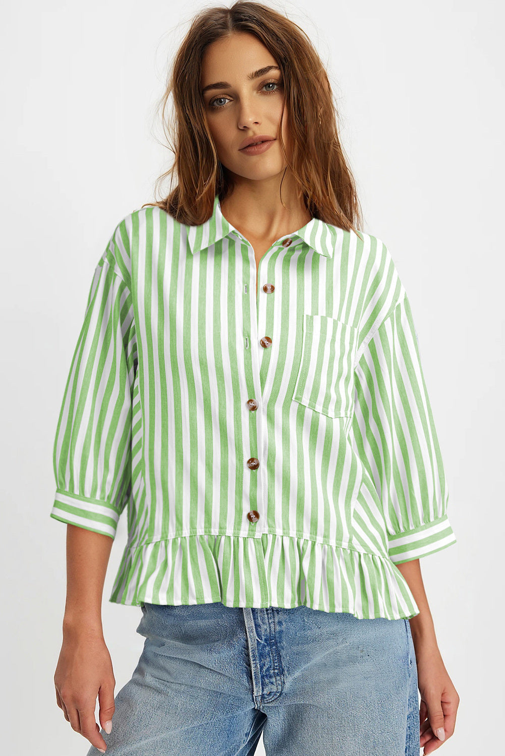 Camisas cortas para mujer rayadas, abotonadas, con volantes, manga 3/4, tops de verano, blusas elegantes y casuales