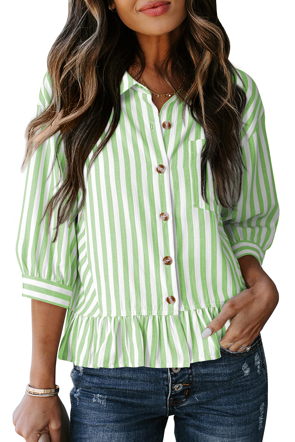 Camisas cortas para mujer rayadas, abotonadas, con volantes, manga 3/4, tops de verano, blusas elegantes y casuales