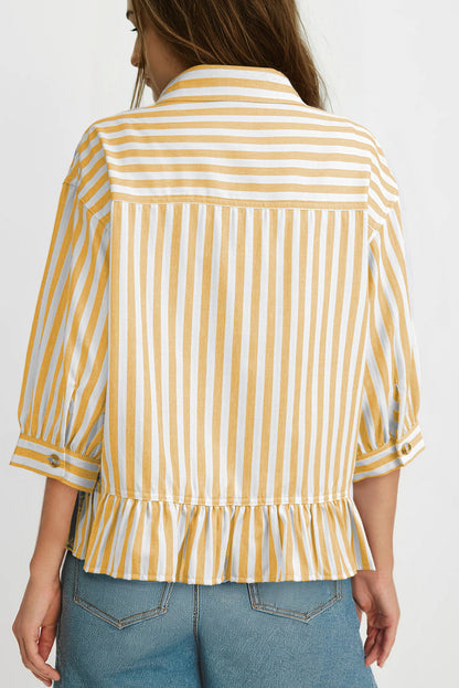 Camisas cortas para mujer rayadas, abotonadas, con volantes, manga 3/4, tops de verano, blusas elegantes y casuales