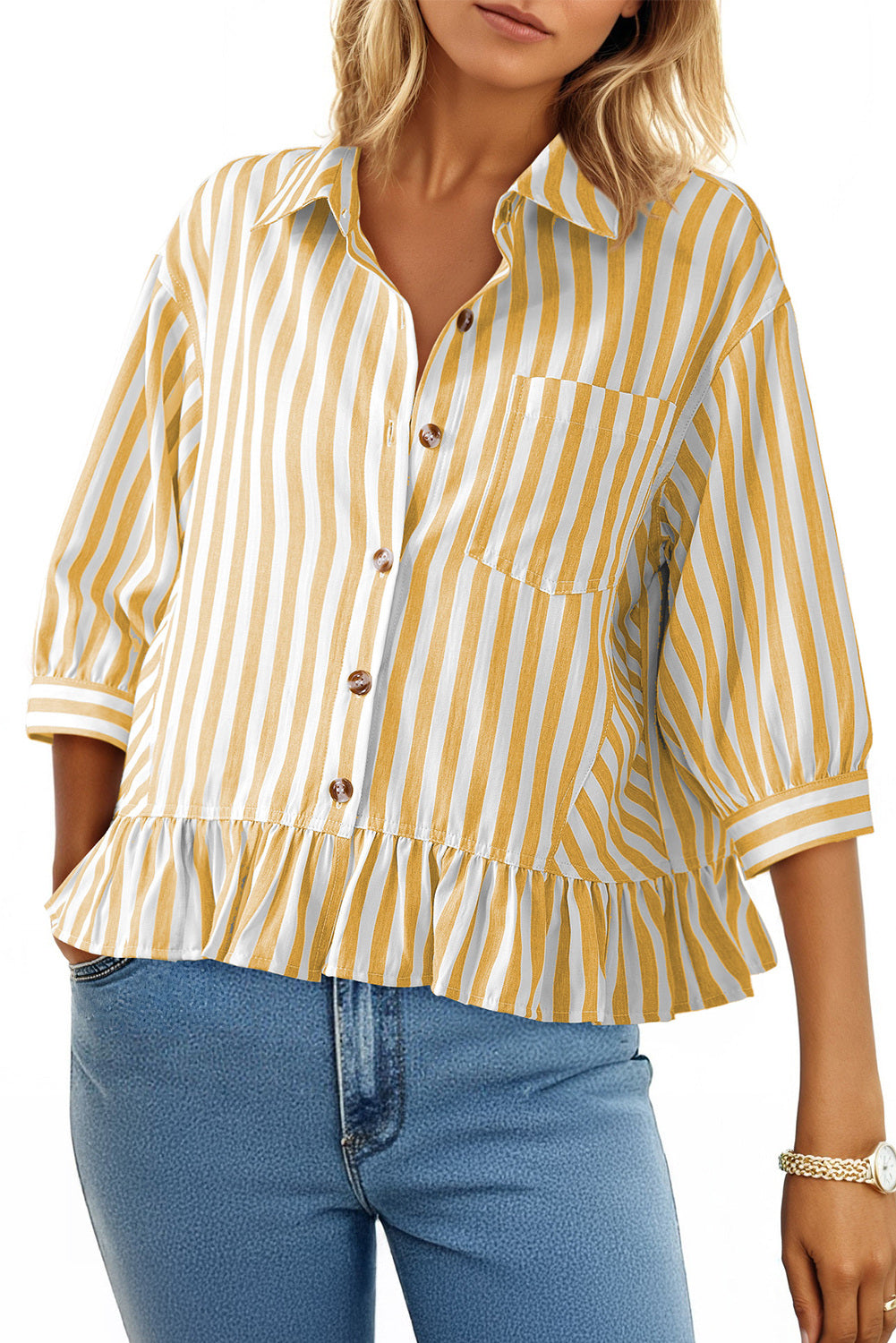 Camisas cortas para mujer rayadas, abotonadas, con volantes, manga 3/4, tops de verano, blusas elegantes y casuales