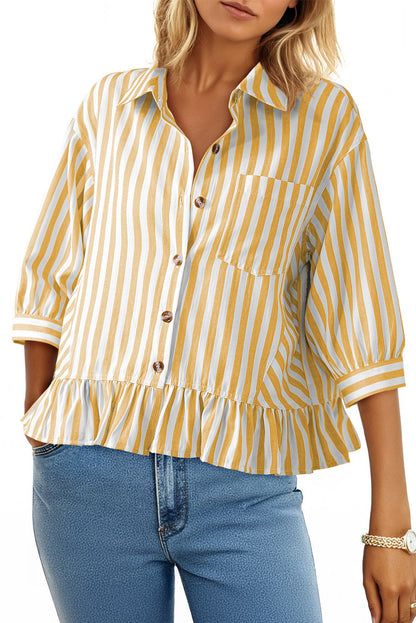 Camisas cortas para mujer rayadas, abotonadas, con volantes, manga 3/4, tops de verano, blusas elegantes y casuales