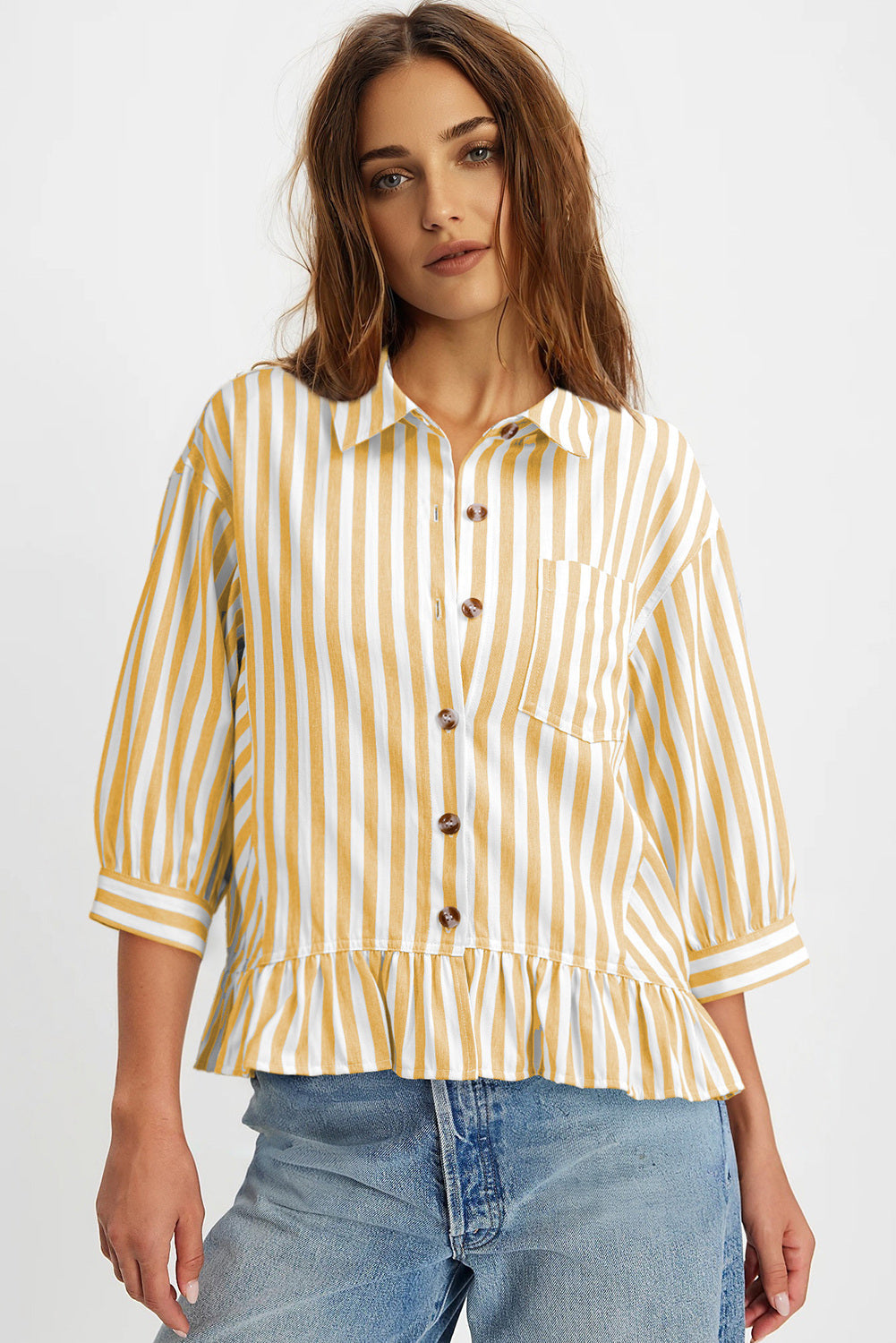 Camisas cortas para mujer rayadas, abotonadas, con volantes, manga 3/4, tops de verano, blusas elegantes y casuales
