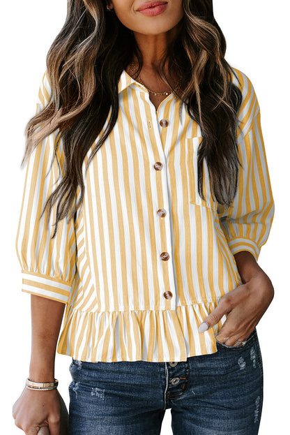 Camisas cortas para mujer rayadas, abotonadas, con volantes, manga 3/4, tops de verano, blusas elegantes y casuales