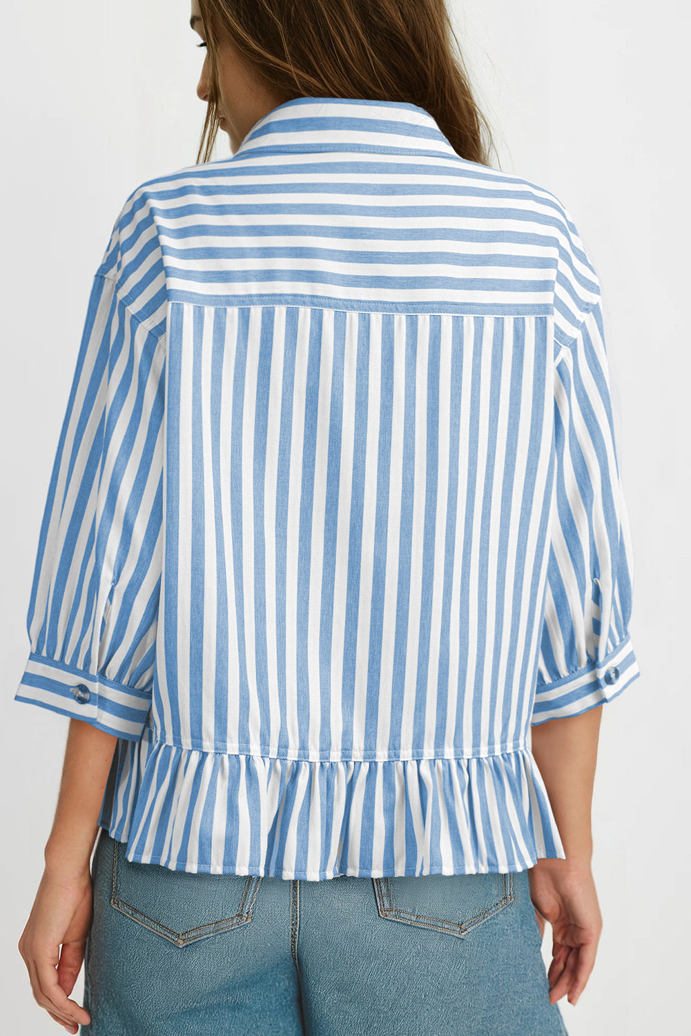 Camisas cortas para mujer rayadas, abotonadas, con volantes, manga 3/4, tops de verano, blusas elegantes y casuales