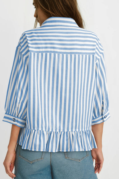 Camisas cortas para mujer rayadas, abotonadas, con volantes, manga 3/4, tops de verano, blusas elegantes y casuales