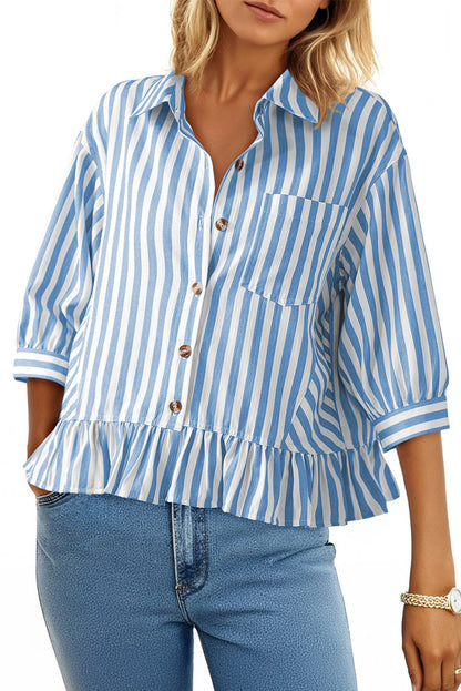 Camisas cortas para mujer rayadas, abotonadas, con volantes, manga 3/4, tops de verano, blusas elegantes y casuales