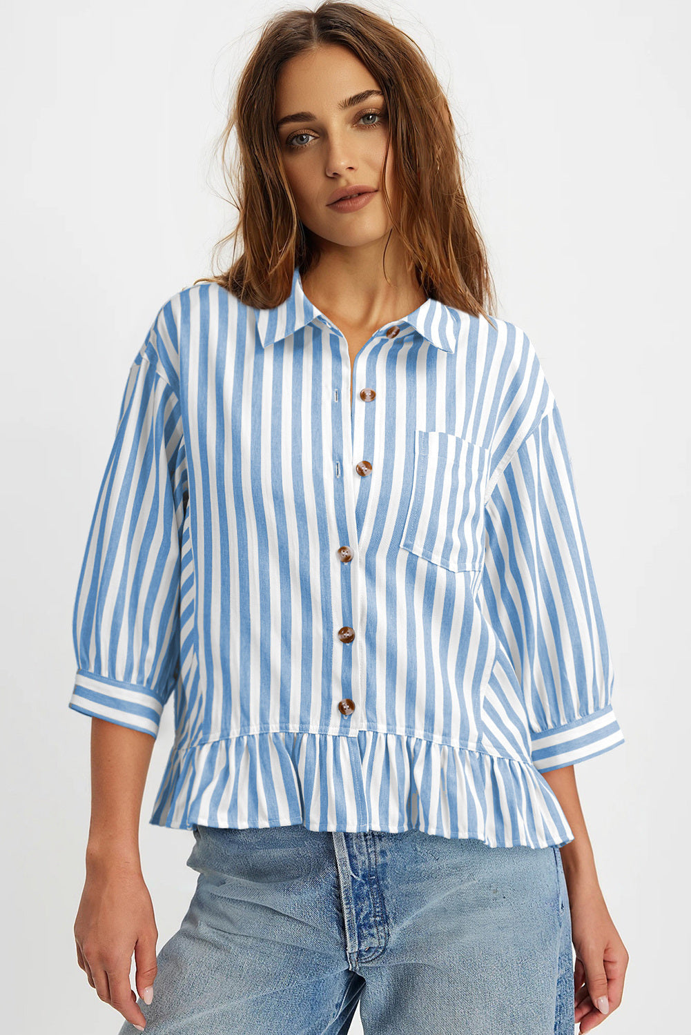 Camisas cortas para mujer rayadas, abotonadas, con volantes, manga 3/4, tops de verano, blusas elegantes y casuales