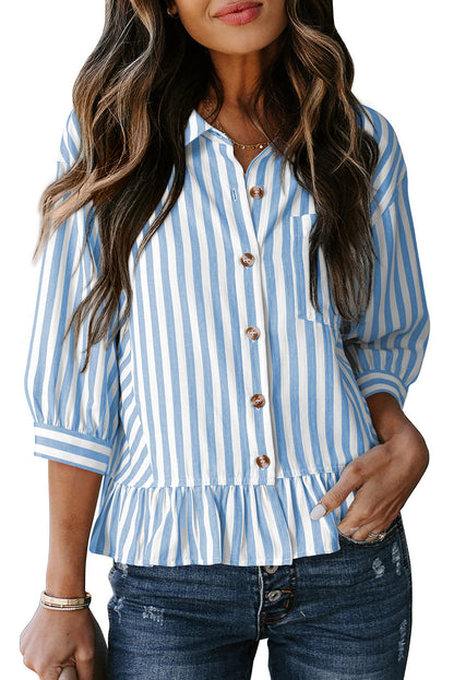 Camisas cortas para mujer rayadas, abotonadas, con volantes, manga 3/4, tops de verano, blusas elegantes y casuales