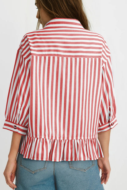 Camisas cortas para mujer rayadas, abotonadas, con volantes, manga 3/4, tops de verano, blusas elegantes y casuales