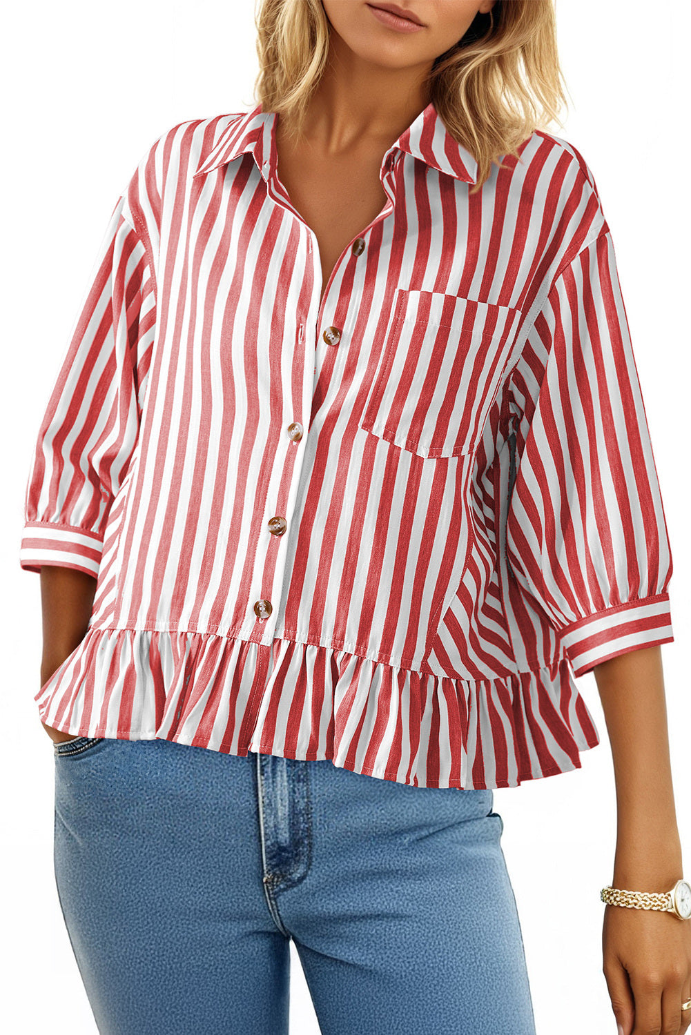 Camisas cortas para mujer rayadas, abotonadas, con volantes, manga 3/4, tops de verano, blusas elegantes y casuales
