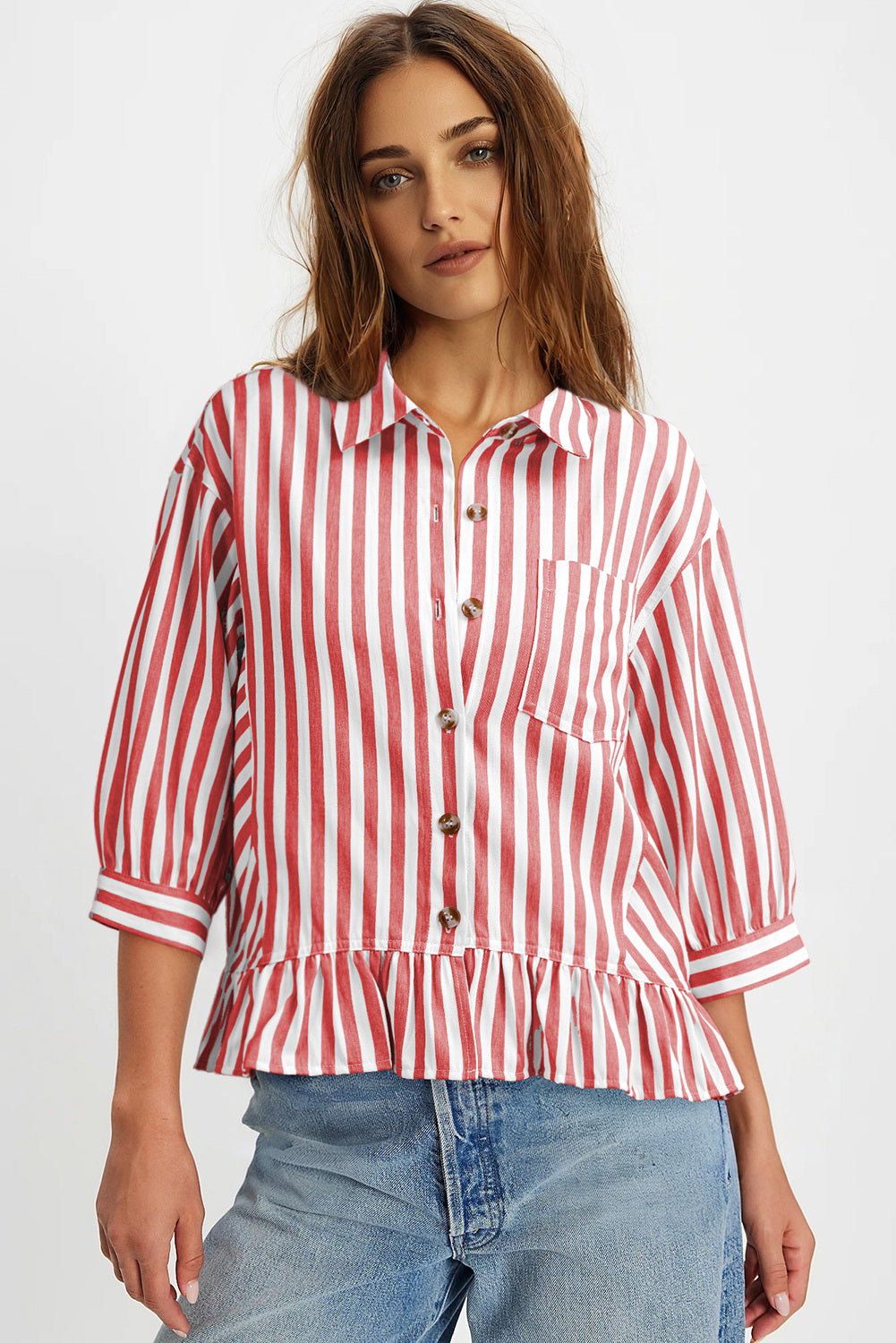 Camisas cortas para mujer rayadas, abotonadas, con volantes, manga 3/4, tops de verano, blusas elegantes y casuales