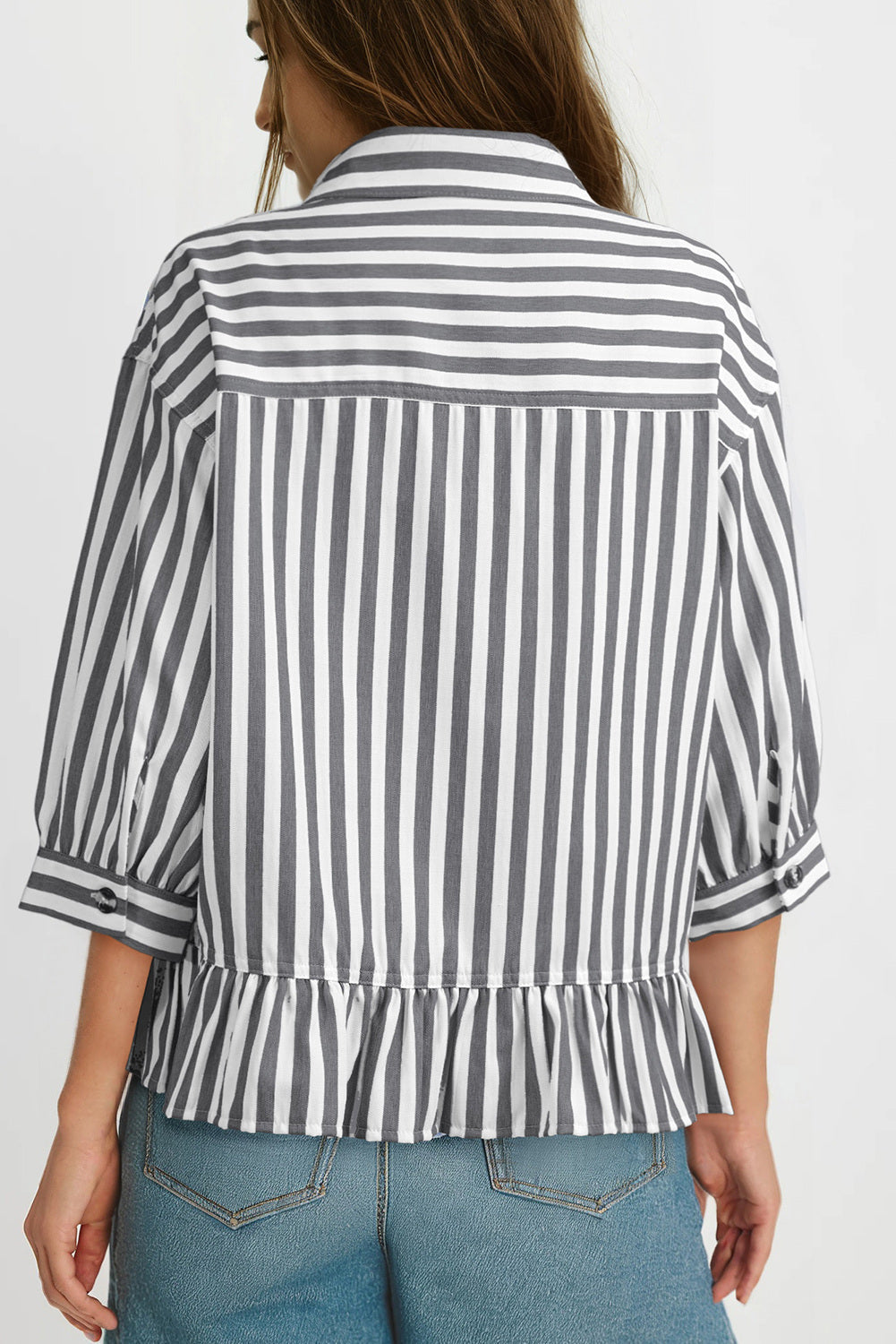 Camisas cortas para mujer rayadas, abotonadas, con volantes, manga 3/4, tops de verano, blusas elegantes y casuales