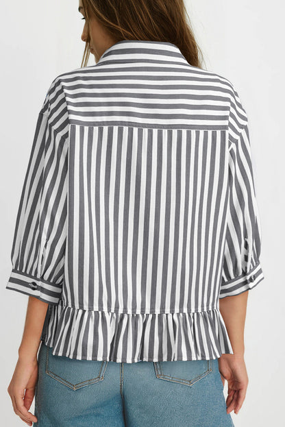 Camisas cortas para mujer rayadas, abotonadas, con volantes, manga 3/4, tops de verano, blusas elegantes y casuales