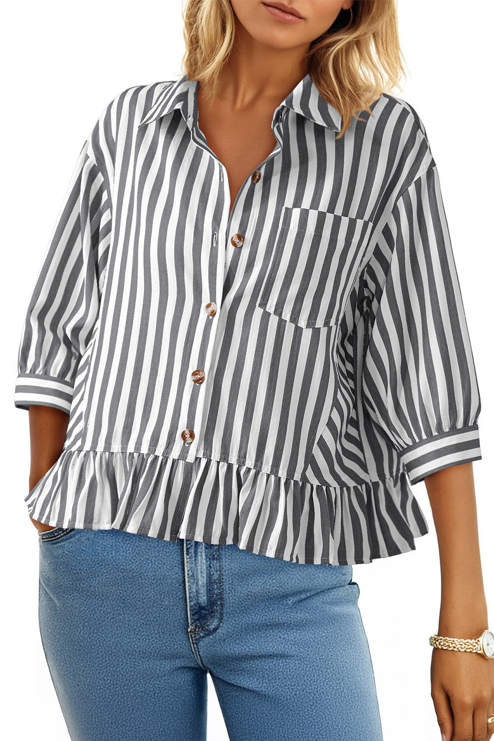 Camisas cortas para mujer rayadas, abotonadas, con volantes, manga 3/4, tops de verano, blusas elegantes y casuales
