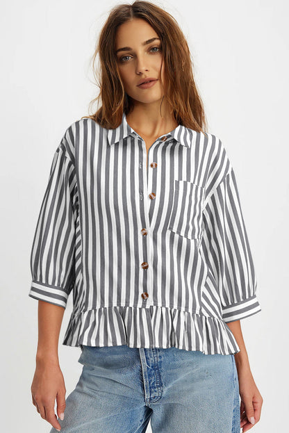 Camisas cortas para mujer rayadas, abotonadas, con volantes, manga 3/4, tops de verano, blusas elegantes y casuales