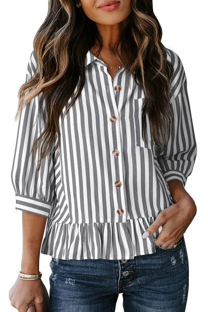 Camisas cortas para mujer rayadas, abotonadas, con volantes, manga 3/4, tops de verano, blusas elegantes y casuales