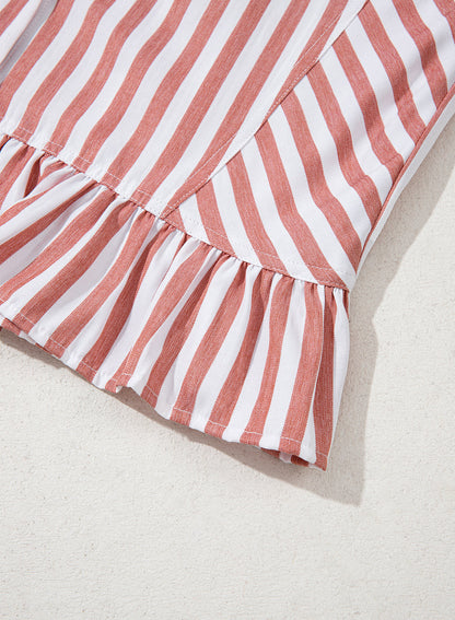 Camisas cortas para mujer rayadas, abotonadas, con volantes, manga 3/4, tops de verano, blusas elegantes y casuales