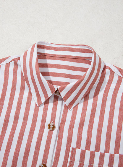 Camisas cortas para mujer rayadas, abotonadas, con volantes, manga 3/4, tops de verano, blusas elegantes y casuales